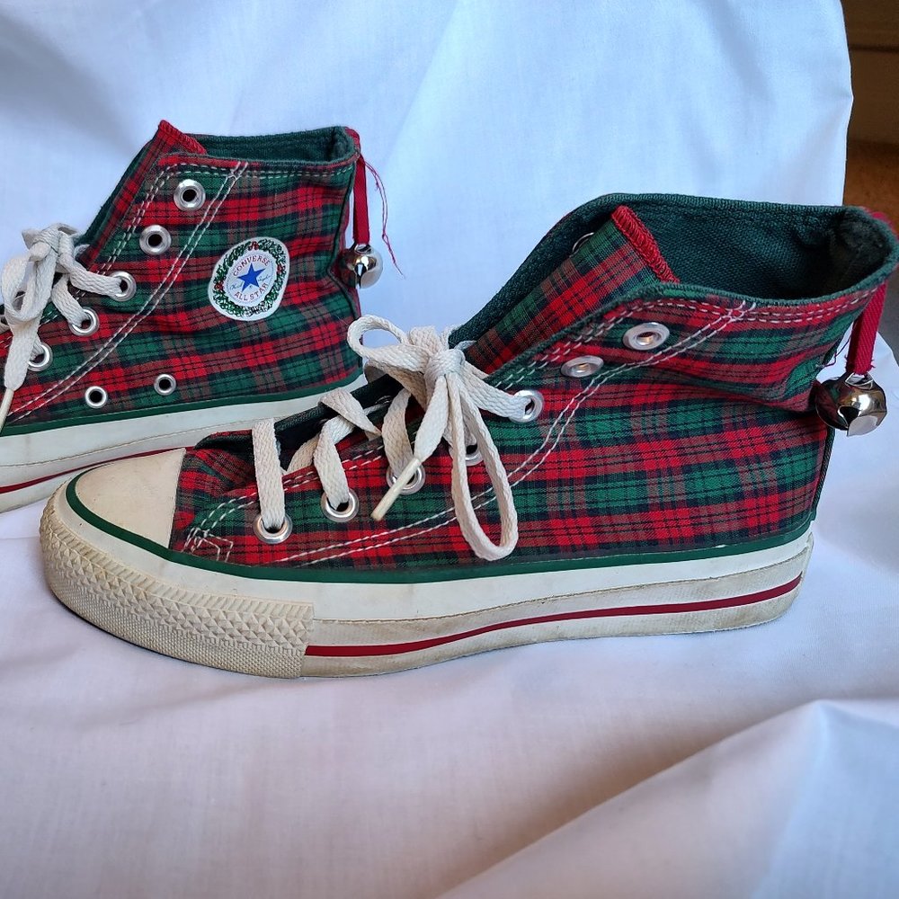 Converse Chuck Taylors Christmas Plaid High Tops with Jingle Bells from the 90s!